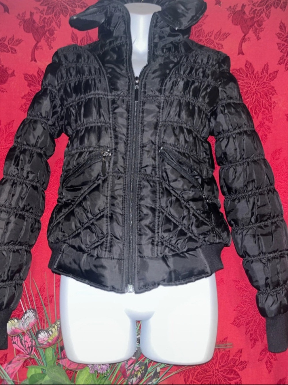 Women's Black Quilted Puffer Jacket with High Collar